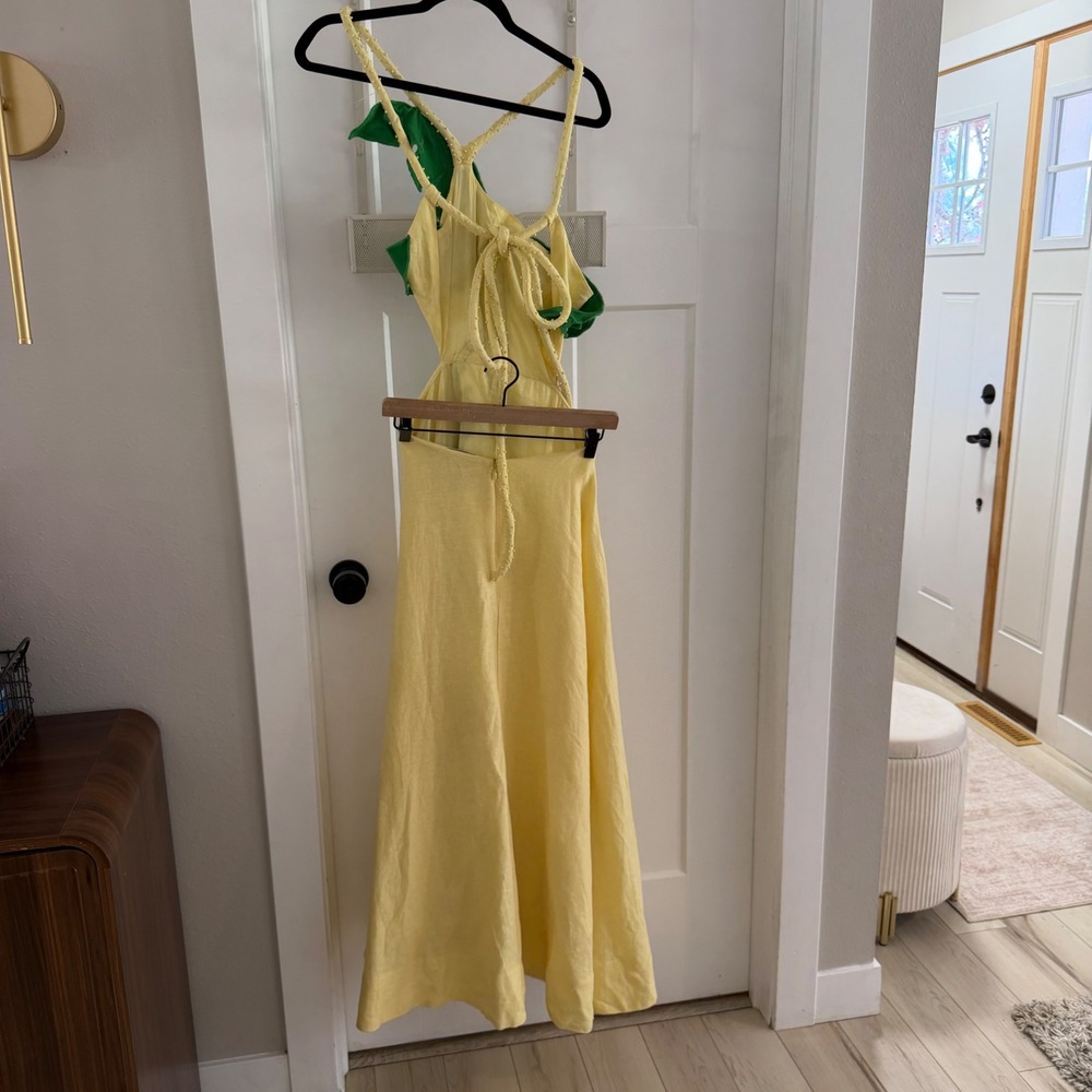 Farm Rio Palm Tree Cutwork Yellow Linen Applique Maxi Dress Maximalist Vacation - Picture 3 of 12